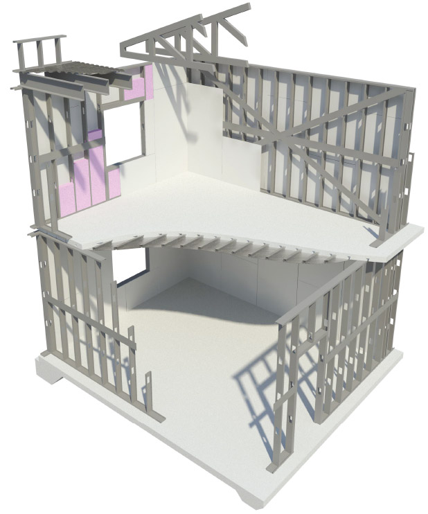 Cutaway view of a two-story prefabricated metal stud building showing structural components